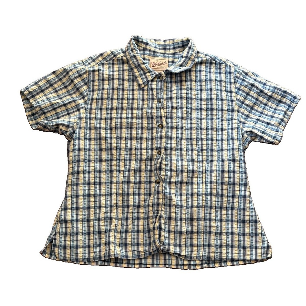 Woolrich Flannel Shirt Womens Medium Blue Plaid Short Sleeve Button Up Faded